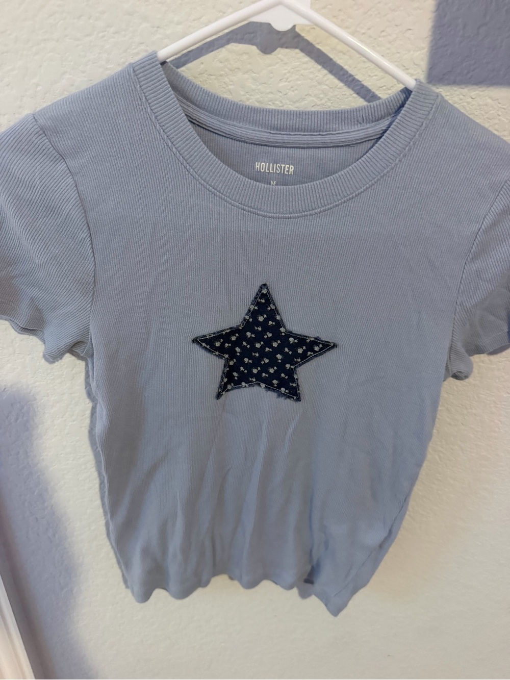 Hollister Light Blue Ribbed Tee with Navy Star Patch